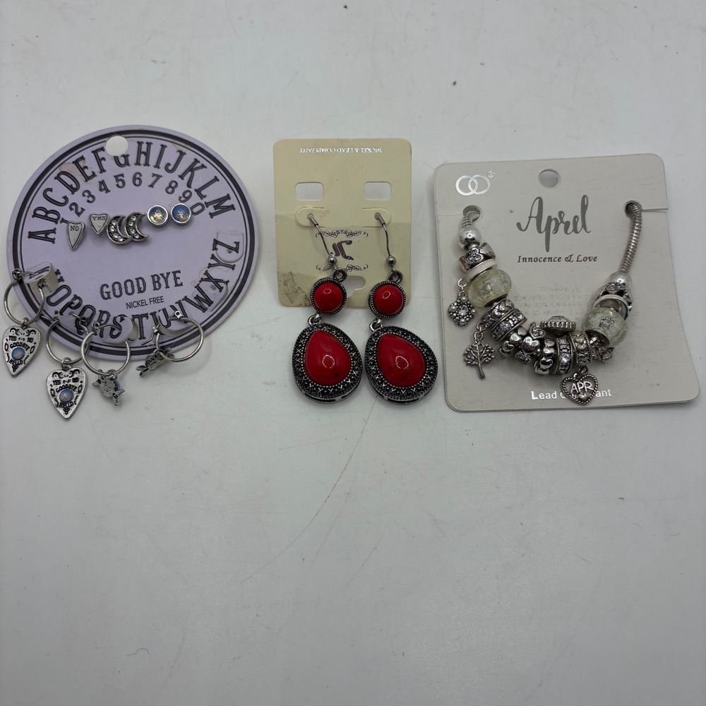 Witchy Ouija Planchette Heart Hoop Earrings Red Stone Dangle‎ Charm Bracelet Set